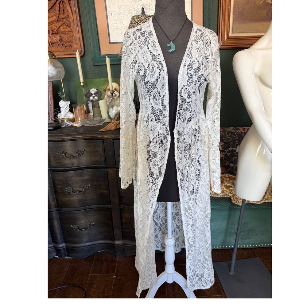 Turquoise Haven Cream Floral Lace Maxi Duster Cardigan Bell Sleeve Boho Womens
